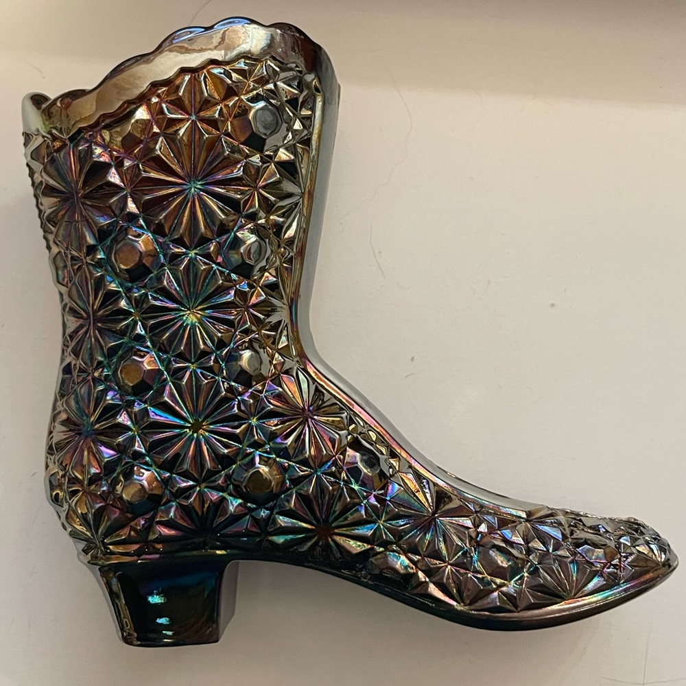 Fenton carnival iridescent glass boot